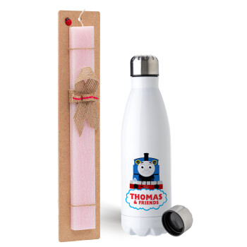 Τόμας το τρενάκι, Easter Set, metallic stainless steel water bottle (750ml) & scented flat Easter candle (30cm) (PINK)