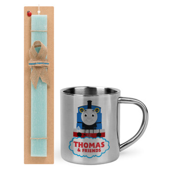 Τόμας το τρενάκι, Easter Set, metallic thermal cup (300ml) & aromatic flat Easter candle (30cm) (TURQUOISE)