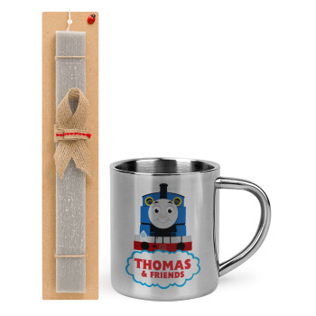 Τόμας το τρενάκι, Easter Set, metallic thermal cup (300ml) & Easter aromatic flat candle (30cm) (GRAY)