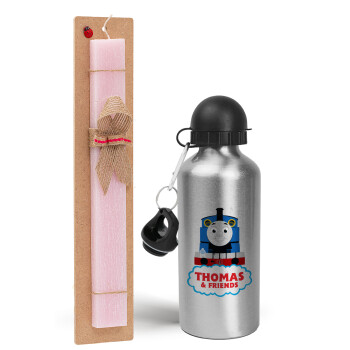 Τόμας το τρενάκι, Easter Set, metallic Silver aluminum water bottle (500ml) & scented flat Easter candle (30cm) (PINK)