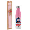 Easter Set, Metallic pink/white (Stainless steel) thermos, double-walled, 500ml & aromatic flat Easter candle (30cm) (PINK)