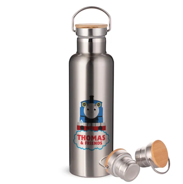 Τόμας το τρενάκι — Μεταλλικό παγούρι θερμός (Stainless steel) Ασημένιο με ξύλινο καπακι (bamboo), διπλού τοιχώματος, 750ml