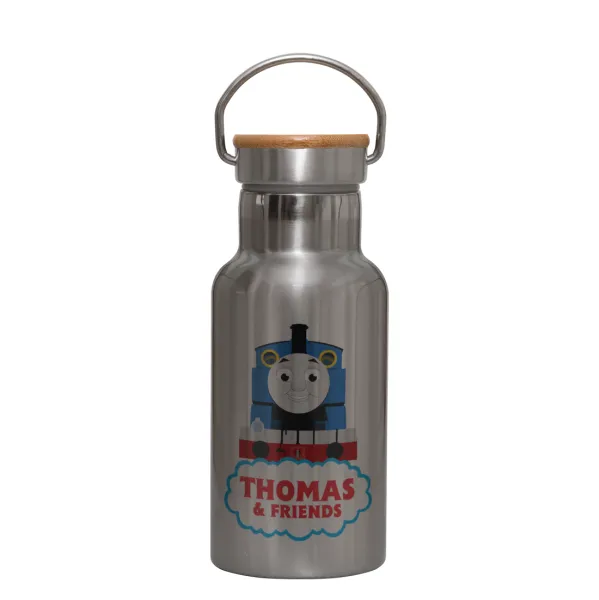 Τόμας το τρενάκι — Stainless steel metallic thermos flask, silver with a bamboo lid, double-walled, 350ml.