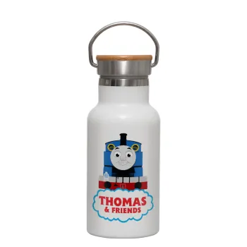 Τόμας το τρενάκι, Metallic thermos (Stainless steel) White with wooden lid (bamboo), double-walled, 350ml
