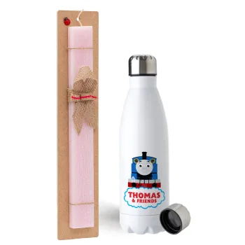 Τόμας το τρενάκι, Easter Set, metallic stainless steel water bottle (750ml) & scented flat Easter candle (30cm) (PINK)