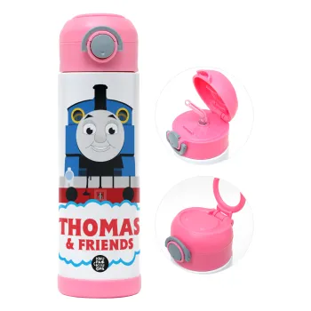 Τόμας το τρενάκι, Παιδικό παγούρι θερμό, ανοξείδωτο, με καλαμάκι ασφαλείας, ΡΟΖ (500ml)