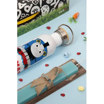 Τόμας το τρενάκι, Πασχαλινή Λαμπάδα με παγούρι μεταλλικό (620ml, stainless steel) & κερί αρωματικό πλακέ (30cm) (ΤΙΡΚΟΥΑΖ)