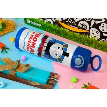 Τόμας το τρενάκι, Easter candle, Childrens hot water bottle, stainless steel, with safety straw, BLUE (500ml)