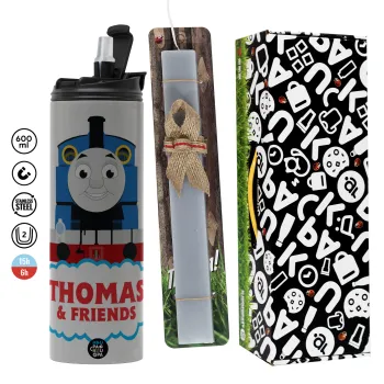 Τόμας το τρενάκι, Πασχαλινή Λαμπάδα με Travel Tumbler θερμό (600ml, BPA free) & κερί αρωματικό πλακέ (30cm) (ΓΚΡΙ)