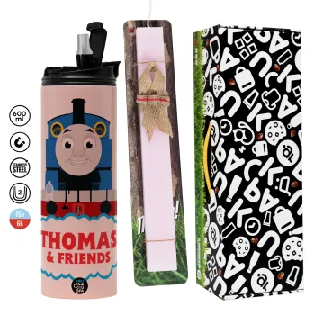Τόμας το τρενάκι, Πασχαλινή Λαμπάδα με  ΡΟΖ Travel Tumbler θερμό (600ml, BPA free) & κερί αρωματικό πλακέ (30cm) (ΡΟΖ)