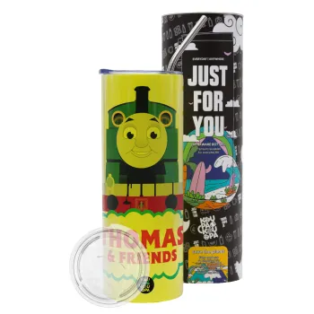 Τόμας το τρενάκι, Neon Yellow Travel Tumbler θερμό, μεταλλικό καλαμάκι(Ανωξείδωτο 304 Food grade, BPA free, 600ml)