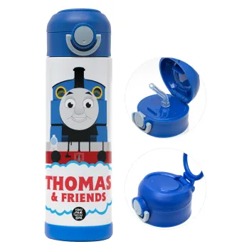 Τόμας το τρενάκι, Children's hot water bottle, stainless steel, with safety straw, BLUE (500ml)