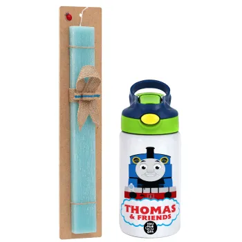 Τόμας το τρενάκι, Easter Set, Children's thermal stainless steel bottle with safety straw, green/blue (350ml) & aromatic flat Easter candle (30cm) (TURQUOISE)