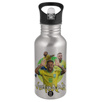Neymar JR, Water bottle Silver with straw, stainless steel 500ml