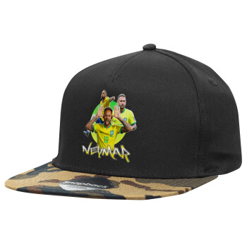 Neymar JR, Adult Flat Snapback Hat Black/Camouflage, (100% COTTON TWILL, ADULT, UNISEX, ONE SIZE)