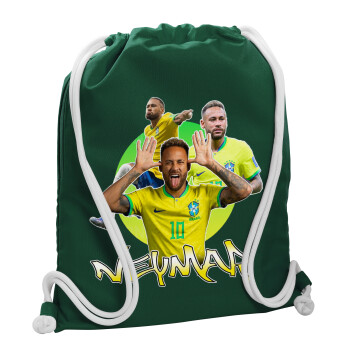 Neymar JR, Τσάντα πλάτης πουγκί GYMBAG BOTTLE GREEN, με τσέπη (40x48cm) & χονδρά λευκά κορδόνια