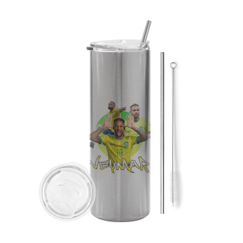 Neymar JR, Eco friendly ποτήρι θερμό Ασημένιο (tumbler) από ανοξείδωτο ατσάλι 600ml, με μεταλλικό καλαμάκι & βούρτσα καθαρισμού