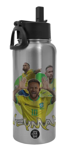 Neymar JR — Metal mug thermo Silver with Straw and Spout Lid (Stainless steel), double wall, 950ml