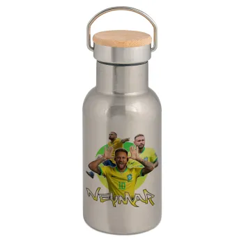 Neymar JR, Μεταλλικό παγούρι θερμός (Stainless steel) Ασημένιο με ξύλινο καπακι (bamboo), διπλού τοιχώματος, 350ml