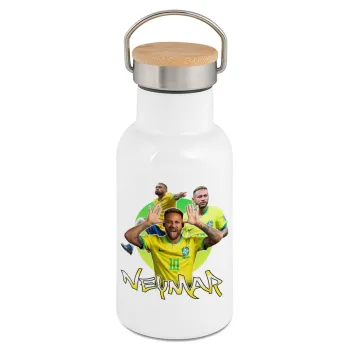Neymar JR, Μεταλλικό παγούρι θερμός (Stainless steel) Λευκό με ξύλινο καπακι (bamboo), διπλού τοιχώματος, 350ml