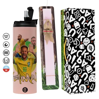 Neymar JR, Πασχαλινή Λαμπάδα με  ΡΟΖ Travel Tumbler θερμό (600ml, BPA free) & κερί αρωματικό πλακέ (30cm) (ΡΟΖ)