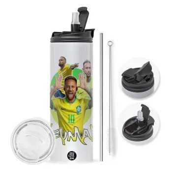 Neymar JR, Travel Tumbler 2 Lids, with metal straw & cleaning brush (Stainless steel 304 Food grade, BPA free, 600ml)