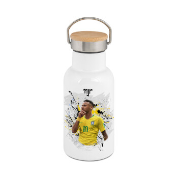 Neymar JR, Μεταλλικό παγούρι θερμός (Stainless steel) Λευκό με ξύλινο καπακι (bamboo), διπλού τοιχώματος, 350ml