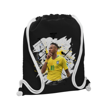 Neymar JR, Τσάντα πλάτης πουγκί GYMBAG Μαύρη, με τσέπη (40x48cm) & χονδρά λευκά κορδόνια