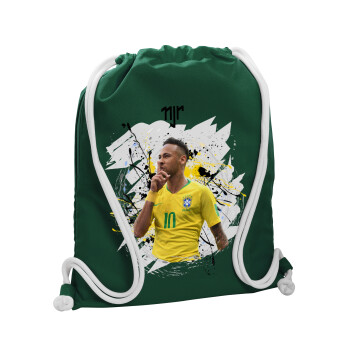 Neymar JR, Τσάντα πλάτης πουγκί GYMBAG BOTTLE GREEN, με τσέπη (40x48cm) & χονδρά λευκά κορδόνια