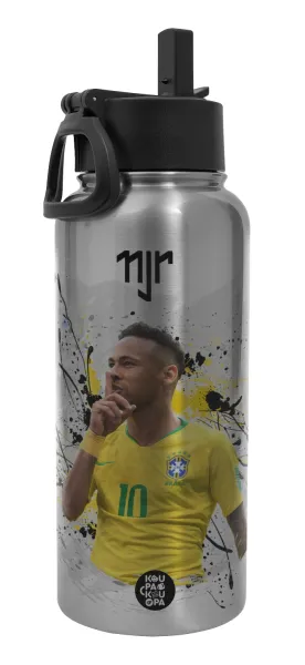 Neymar JR — Metal mug thermo Silver with Straw and Spout Lid (Stainless steel), double wall, 950ml