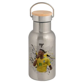 Neymar JR, Μεταλλικό παγούρι θερμός (Stainless steel) Ασημένιο με ξύλινο καπακι (bamboo), διπλού τοιχώματος, 350ml