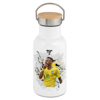 Neymar JR, Μεταλλικό παγούρι θερμός (Stainless steel) Λευκό με ξύλινο καπακι (bamboo), διπλού τοιχώματος, 350ml