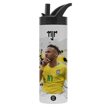 Neymar JR, Metallic thermos bottle with straw & handle, stainless steel (Stainless steel 304), double-walled, 600ml.