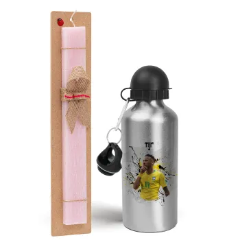Neymar JR, Easter Set, metallic Silver aluminum water bottle (500ml) & scented flat Easter candle (30cm) (PINK)