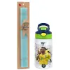 Easter Set, Children's thermal stainless steel bottle with safety straw, green/blue (350ml) & aromatic flat Easter candle (30cm) (TURQUOISE)