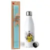 Easter Set, metallic stainless steel water bottle (750ml) & aromatic flat Easter candle (30cm) (TURQUOISE)