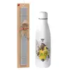 Easter Set, metallic stainless thermos bottle (500ml) & scented flat Easter candle (30cm) (GRAY)