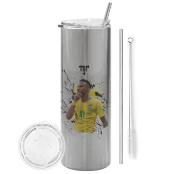 Neymar JR, Tumbler ποτήρι θερμό Ασημένιο από ανοξείδωτο ατσάλι 600ml, με μεταλλικό καλαμάκι & βούρτσα καθαρισμού