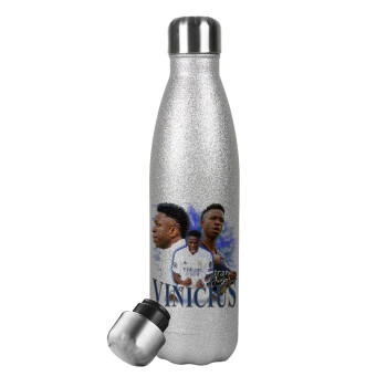 Vinicius Junior, Μεταλλικό παγούρι θερμός Glitter Aσημένιο (Stainless steel), διπλού τοιχώματος, 500ml