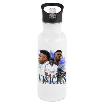 Vinicius Junior, White water bottle with straw, stainless steel 600ml