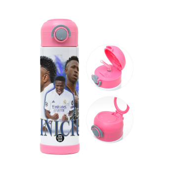 Vinicius Junior, Παιδικό παγούρι θερμό, ανοξείδωτο, με καλαμάκι ασφαλείας, ΡΟΖ (500ml)