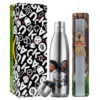 Vinicius Junior, Easter Set, metallic stainless thermos flask (500ml) & scented flat Easter candle (30cm) (GRAY)