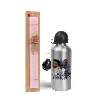 Vinicius Junior, Easter Set, metallic Silver aluminum water bottle (500ml) & scented flat Easter candle (30cm) (PINK)