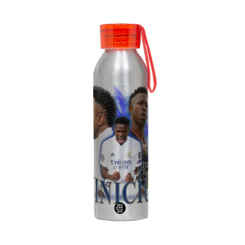 Vinicius Junior, Αλουμινένιο Αθλητικό Μπουκάλι 650ml – Ασημί με Κόκκινο Καπάκι και Λουράκι Σιλικόνης