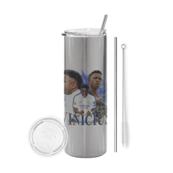 Vinicius Junior, Eco friendly stainless steel Silver tumbler 600ml, with metal straw & cleaning brush