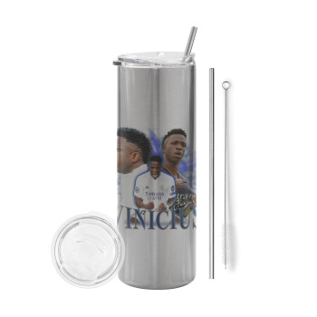 Vinicius Junior, Tumbler ποτήρι θερμό Ασημένιο από ανοξείδωτο ατσάλι 600ml, με μεταλλικό καλαμάκι & βούρτσα καθαρισμού