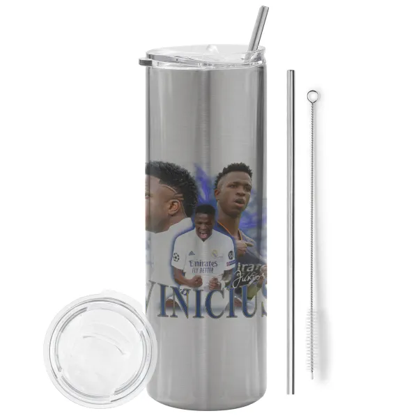 Vinicius Junior — Tumbler ποτήρι θερμό Ασημένιο από ανοξείδωτο ατσάλι 600ml, με μεταλλικό καλαμάκι & βούρτσα καθαρισμού