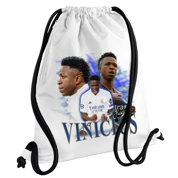 Vinicius Junior — Τσάντα πλάτης πουγκί GYMBAG λευκή, με τσέπη (40x48cm) & χονδρά κορδόνια