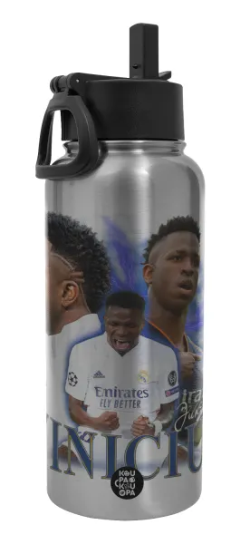 Vinicius Junior — Μεταλλικό παγούρι θερμός Silver με καλαμάκι και χερούλι (Stainless steel), διπλού τοιχώματος, 950ml