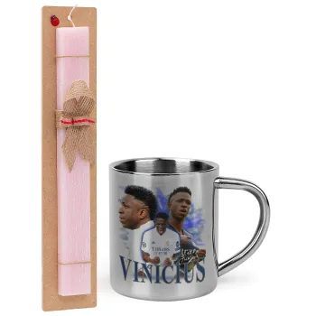 Vinicius Junior, Easter Set, metallic thermal cup (300ml) & aromatic flat Easter candle (30cm) (PINK)